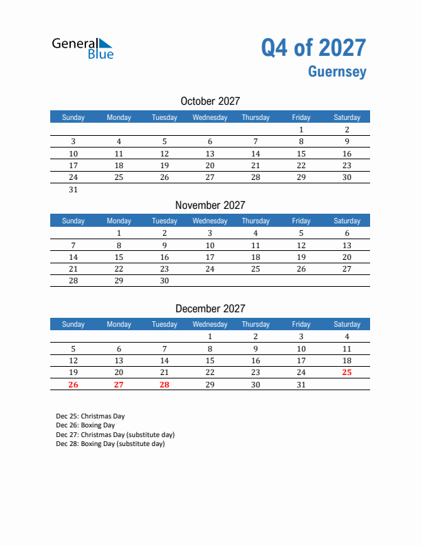 Guernsey 2027 Quarterly Calendar with Sunday Start
