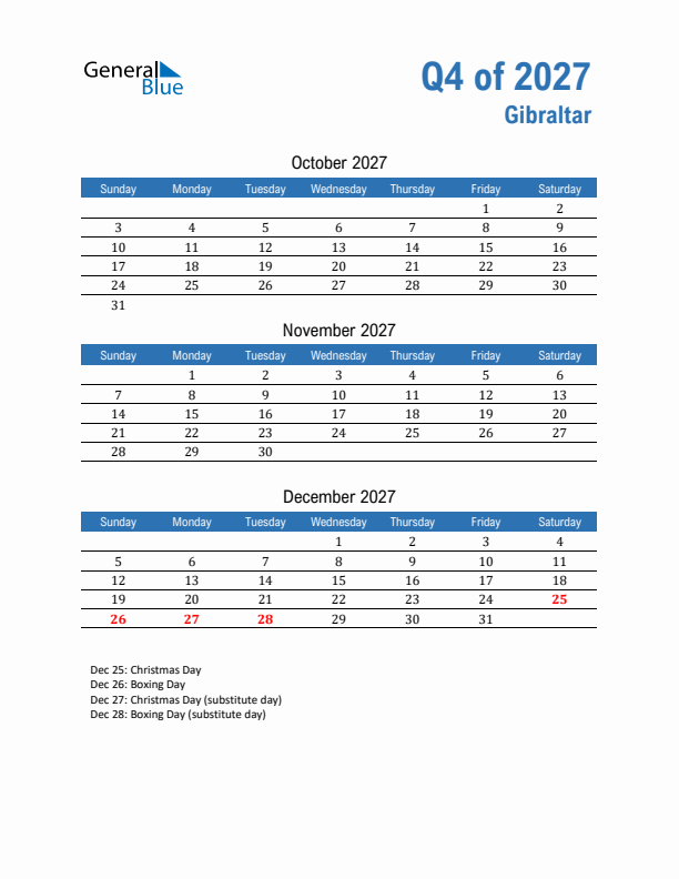 Gibraltar 2027 Quarterly Calendar with Sunday Start