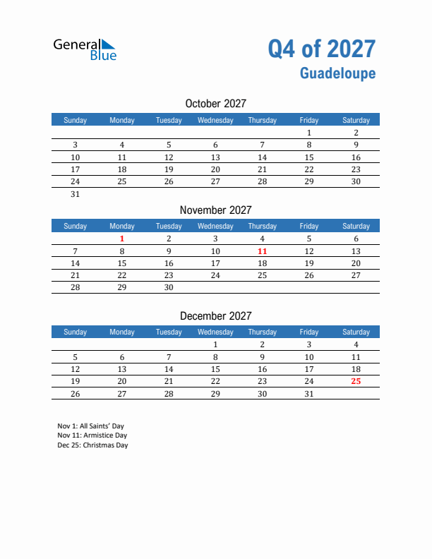 Guadeloupe 2027 Quarterly Calendar with Sunday Start