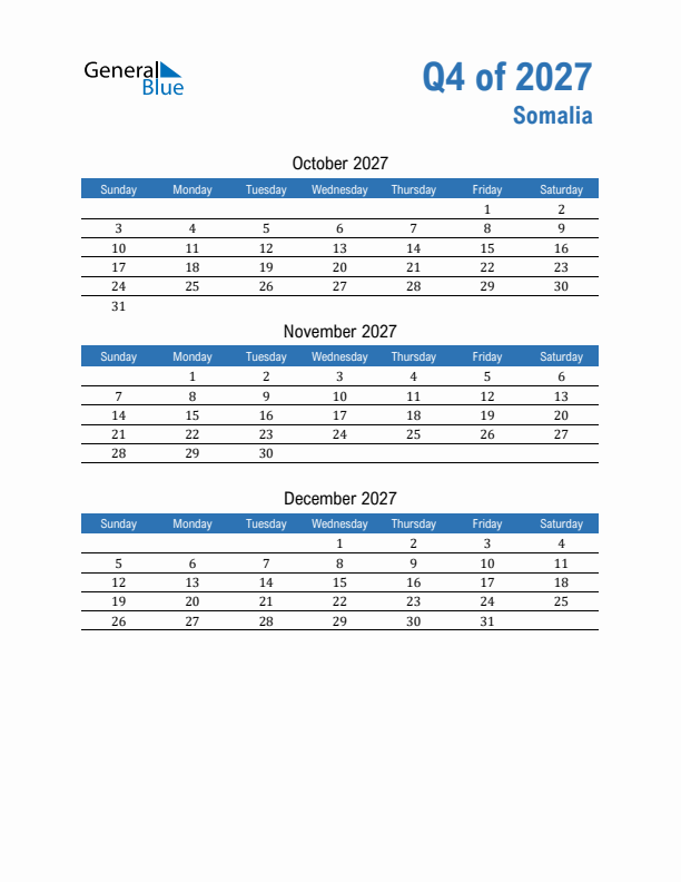 Somalia 2027 Quarterly Calendar with Sunday Start
