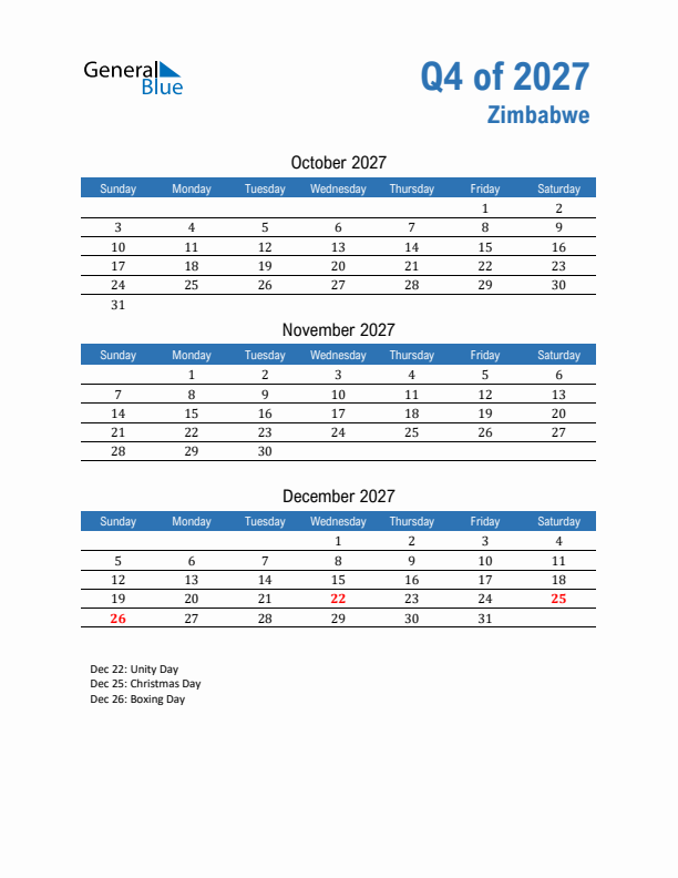 Zimbabwe 2027 Quarterly Calendar with Sunday Start