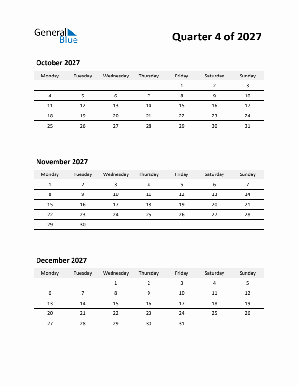 2027 Three-Month Calendar (Quarter 4)