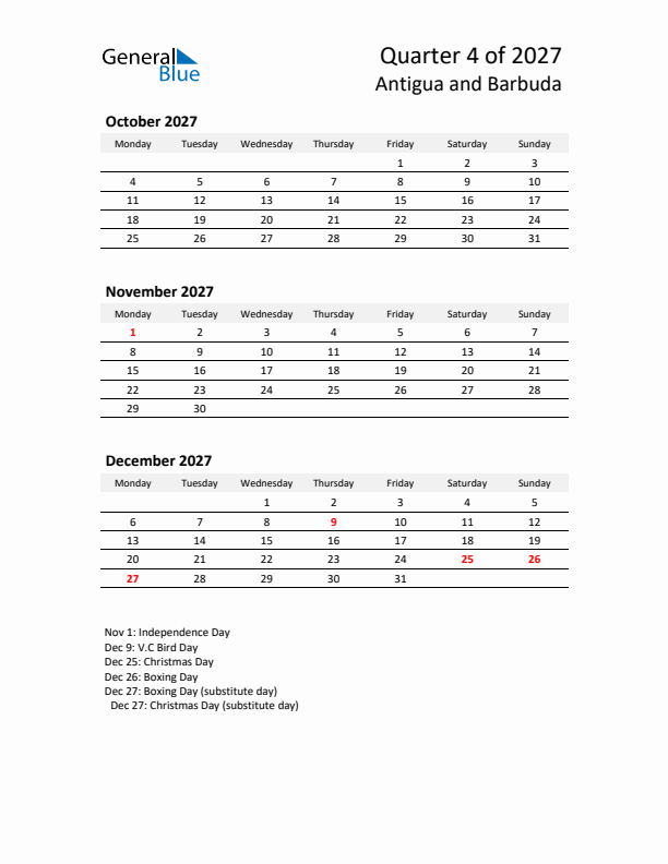 2027 Three-Month Calendar for Antigua and Barbuda