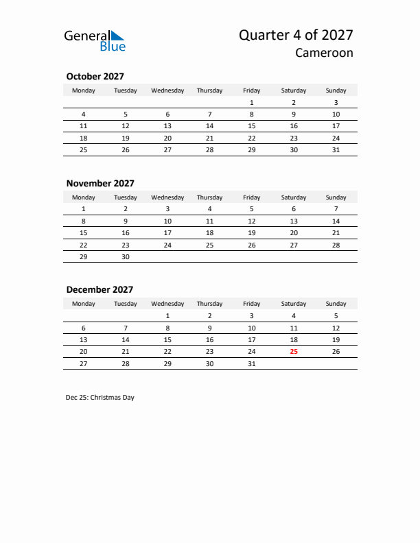 2027 Three-Month Calendar for Cameroon