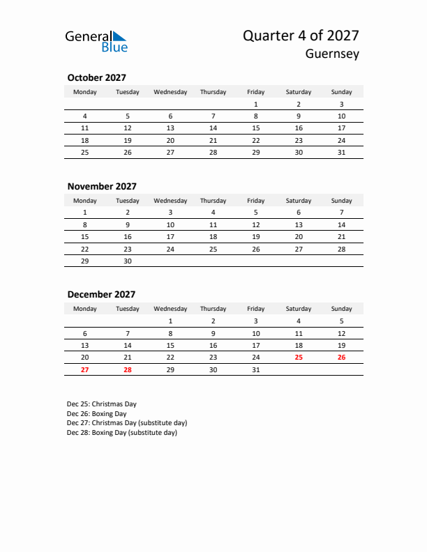 2027 Three-Month Calendar for Guernsey