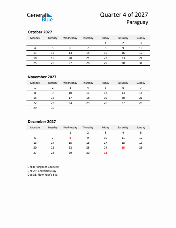 2027 Three-Month Calendar for Paraguay