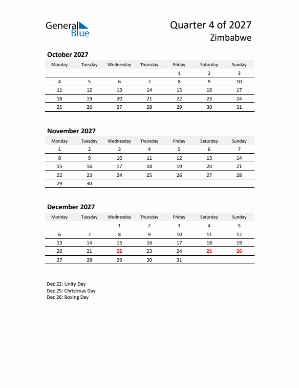 2027 Three-Month Calendar for Zimbabwe