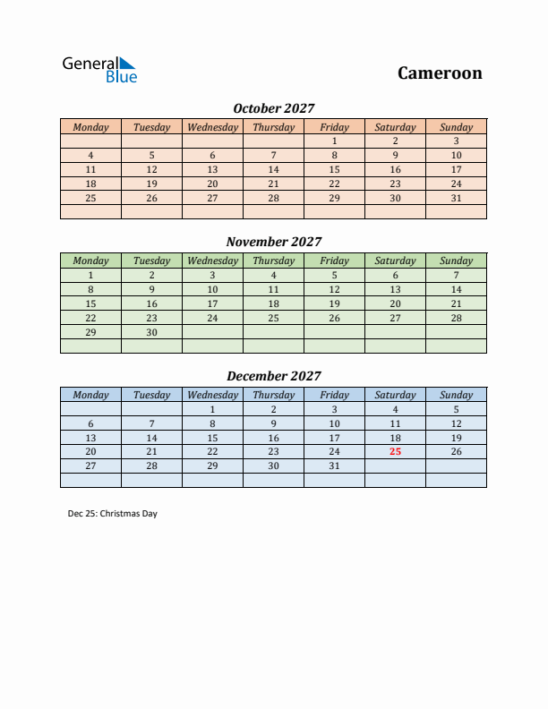 Q4 2027 Holiday Calendar - Cameroon