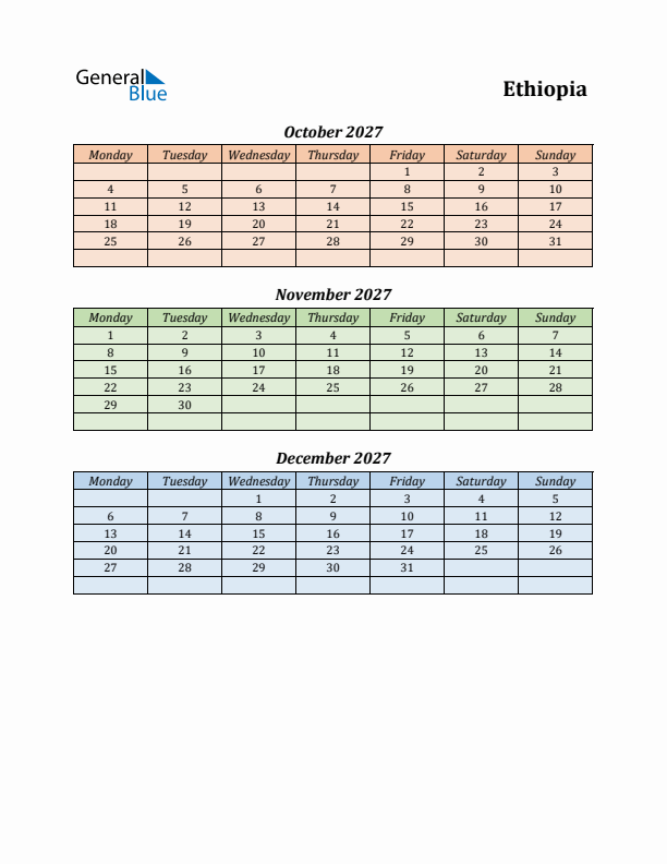 Q4 2027 Holiday Calendar - Ethiopia