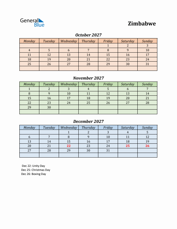 Q4 2027 Holiday Calendar - Zimbabwe