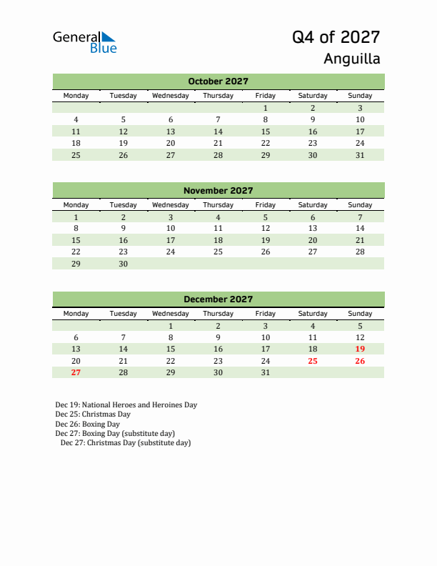Quarterly Calendar 2027 with Anguilla Holidays