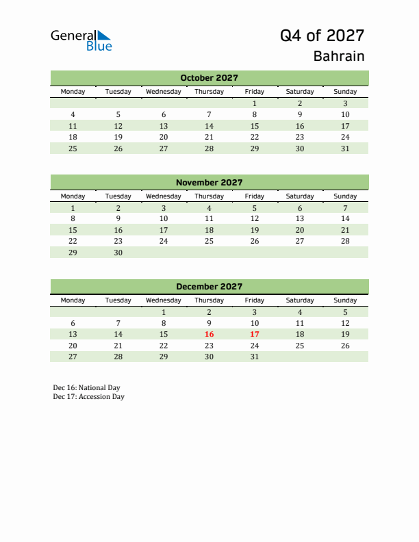 Quarterly Calendar 2027 with Bahrain Holidays