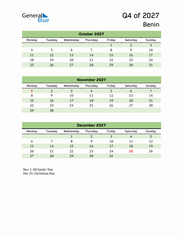 Quarterly Calendar 2027 with Benin Holidays