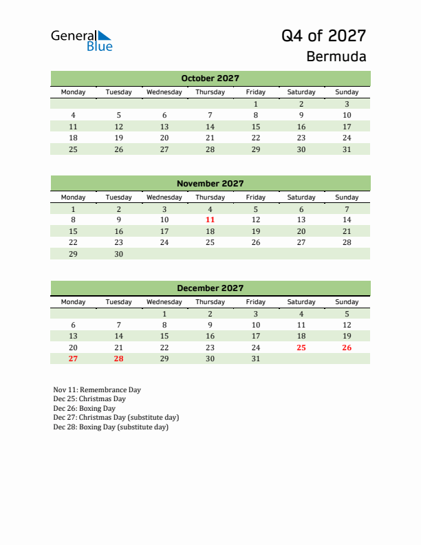 Quarterly Calendar 2027 with Bermuda Holidays