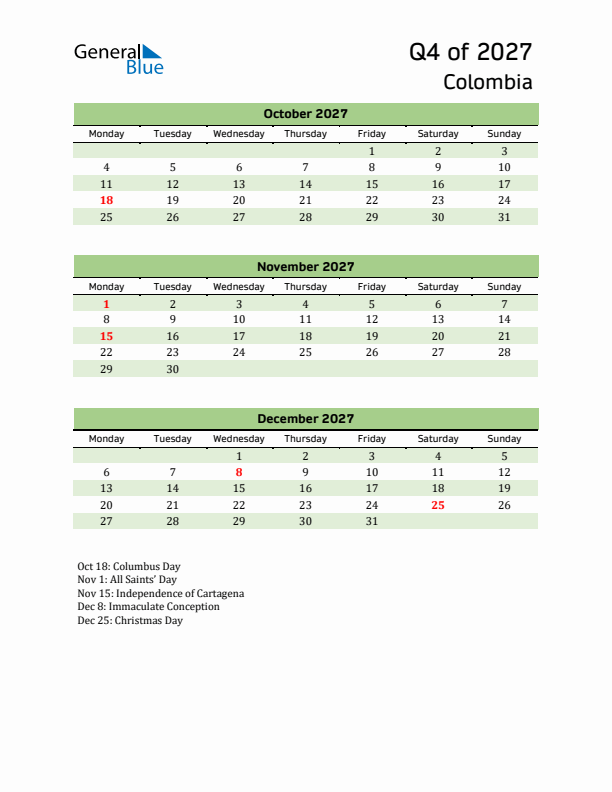 Quarterly Calendar 2027 with Colombia Holidays
