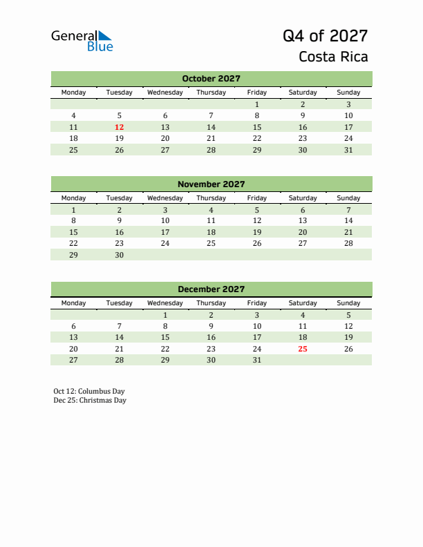 Quarterly Calendar 2027 with Costa Rica Holidays