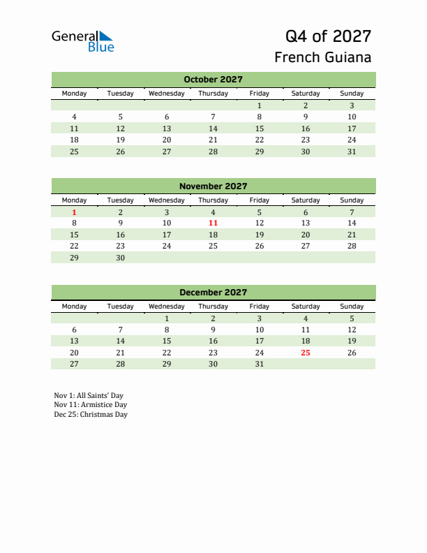 Quarterly Calendar 2027 with French Guiana Holidays