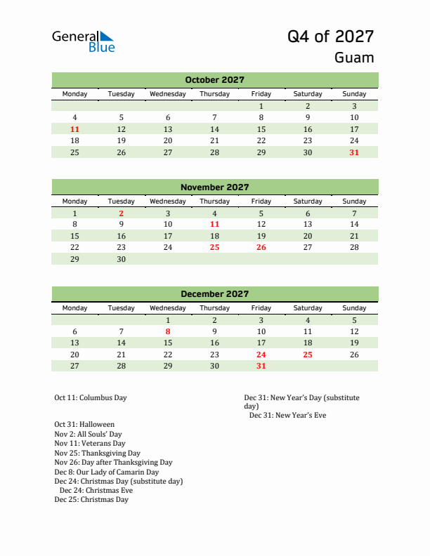 Quarterly Calendar 2027 with Guam Holidays