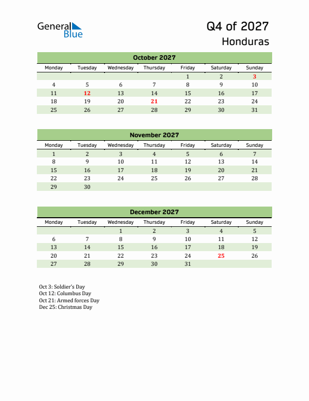 Quarterly Calendar 2027 with Honduras Holidays