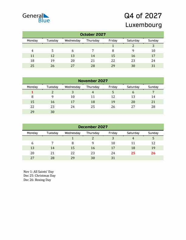 Quarterly Calendar 2027 with Luxembourg Holidays