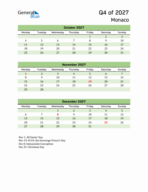 Quarterly Calendar 2027 with Monaco Holidays