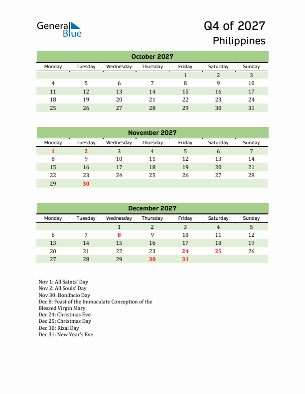 Quarterly Calendar 2027 with Philippines Holidays