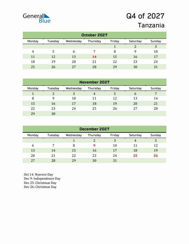 Quarterly Calendar 2027 with Tanzania Holidays
