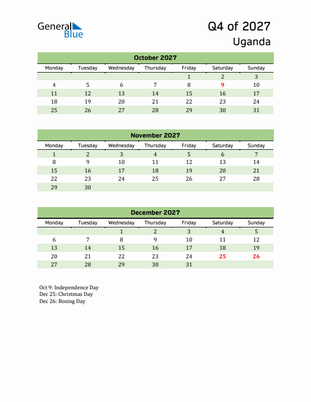 Quarterly Calendar 2027 with Uganda Holidays
