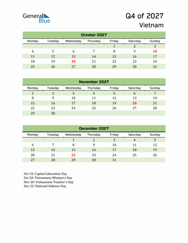 Quarterly Calendar 2027 with Vietnam Holidays