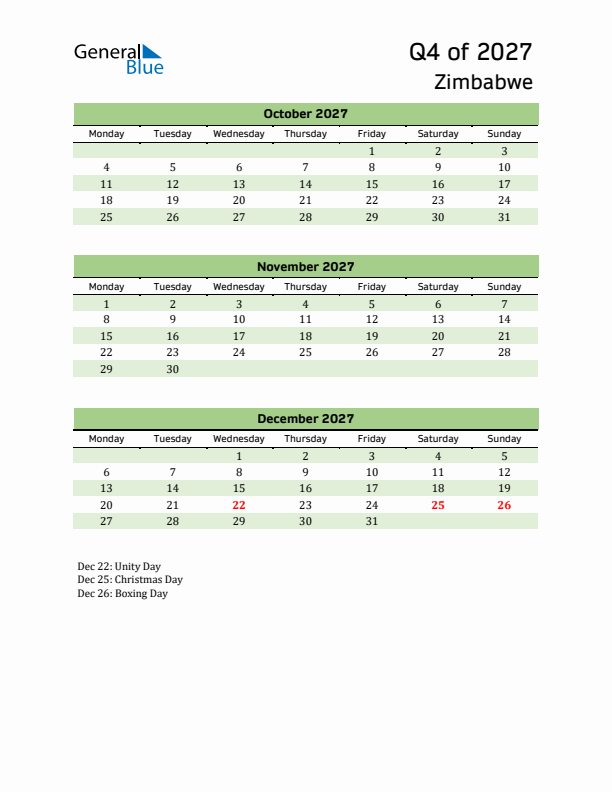 Quarterly Calendar 2027 with Zimbabwe Holidays