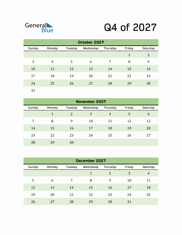 Printable Quarterly Calendar (Q4 2027)