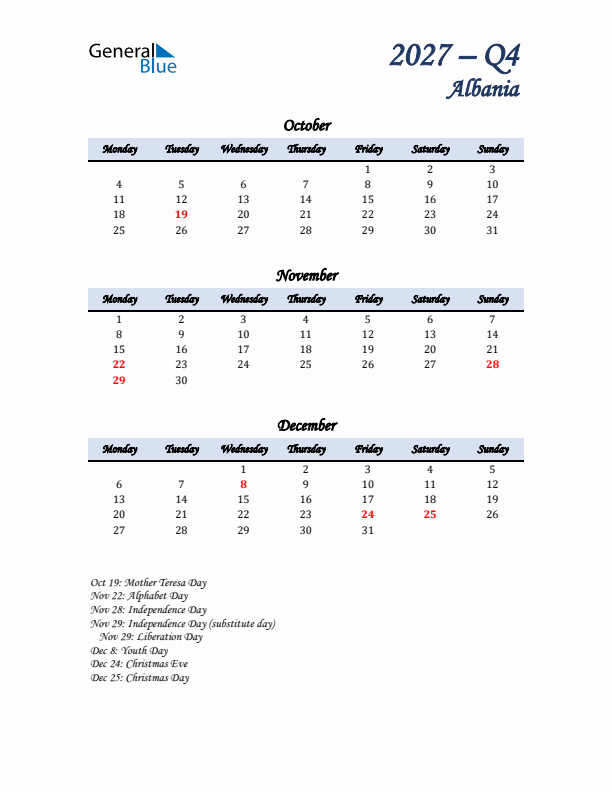 October, November, and December Calendar for Albania with Monday Start