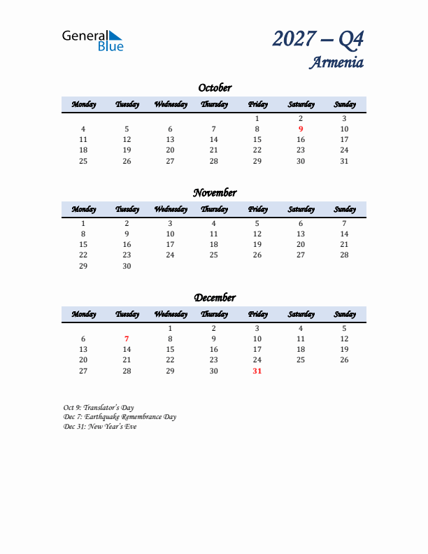 October, November, and December Calendar for Armenia with Monday Start