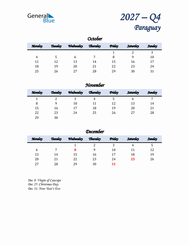 October, November, and December Calendar for Paraguay with Monday Start