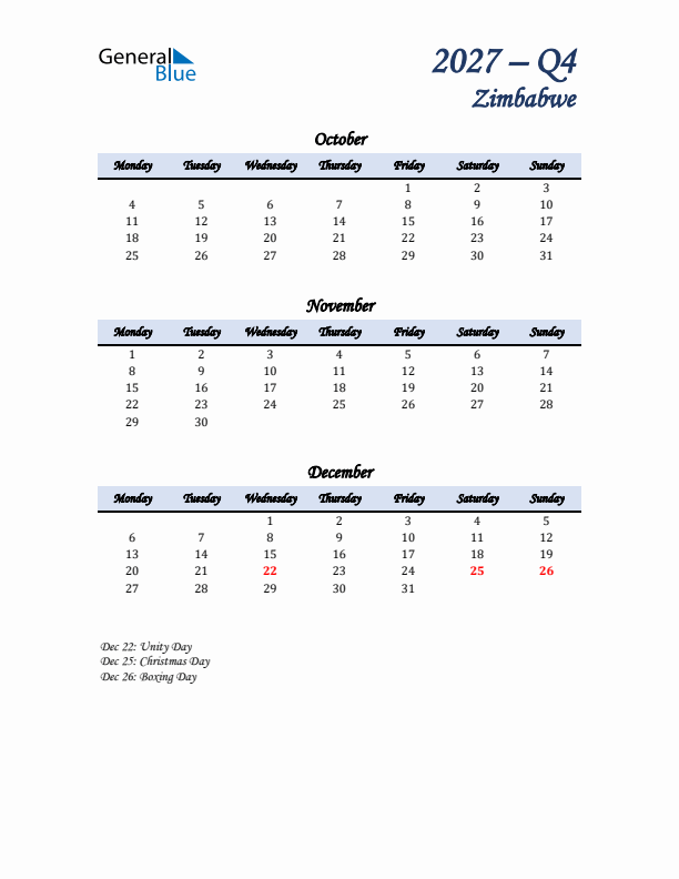 October, November, and December Calendar for Zimbabwe with Monday Start