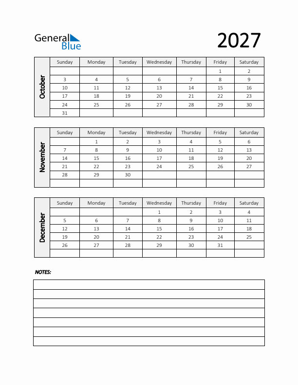 Q4 2027 Calendar with Notes