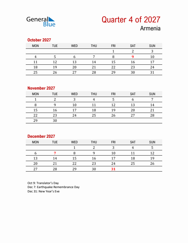 Printable Three Month Calendar with Armenia Holidays