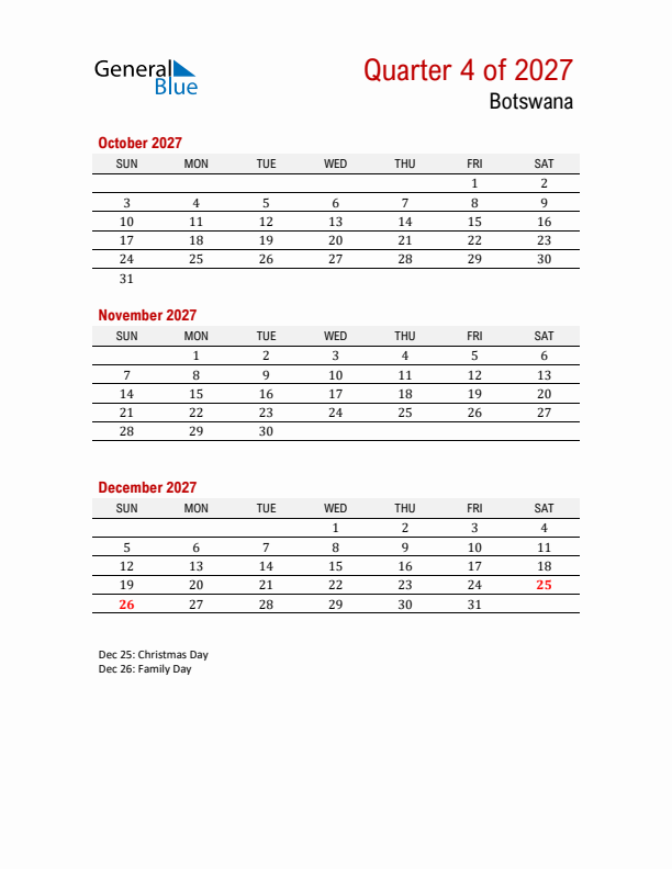 Printable Three Month Calendar with Botswana Holidays