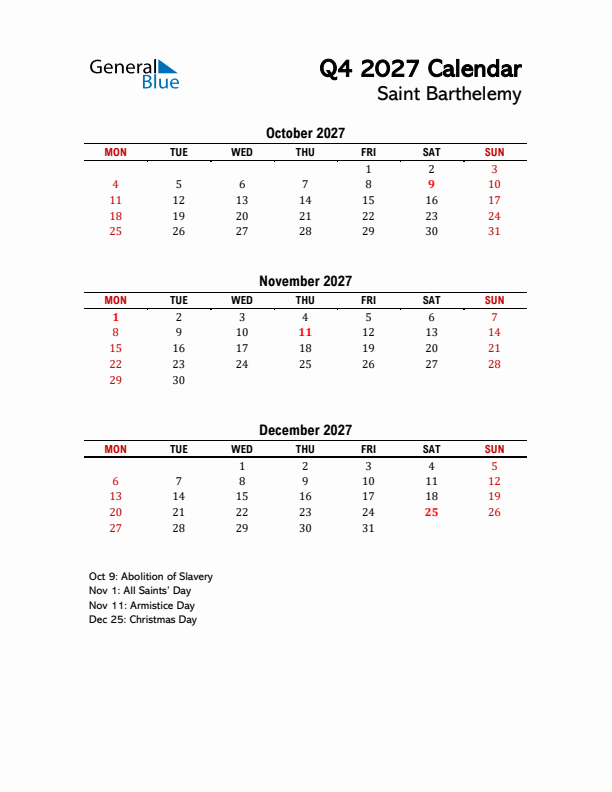 2027 Q4 Calendar with Holidays List for Saint Barthelemy
