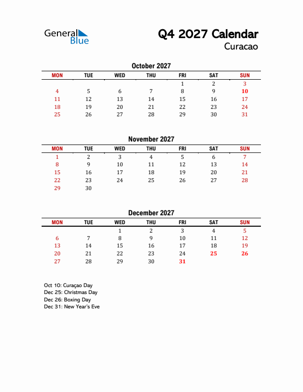 2027 Q4 Calendar with Holidays List for Curacao