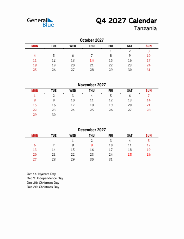 2027 Q4 Calendar with Holidays List for Tanzania