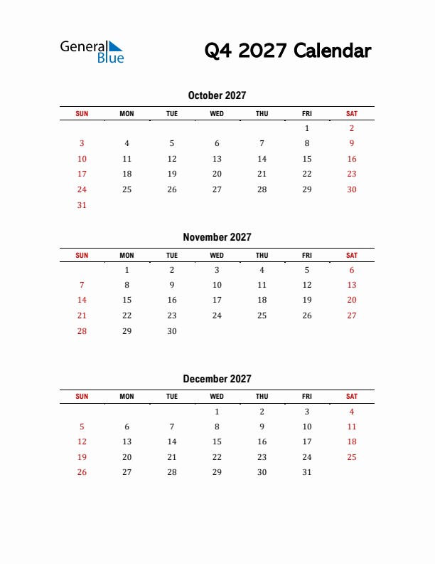 2027 Q4 Calendar with Red Weekend