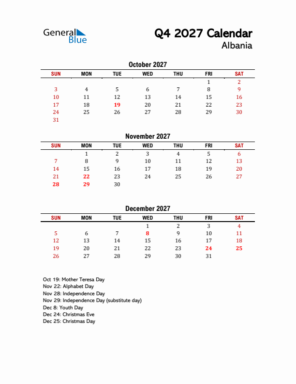 2027 Q4 Calendar with Holidays List for Albania