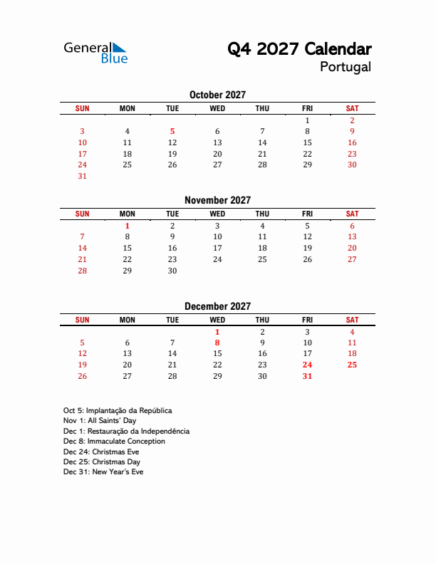 2027 Q4 Calendar with Holidays List for Portugal