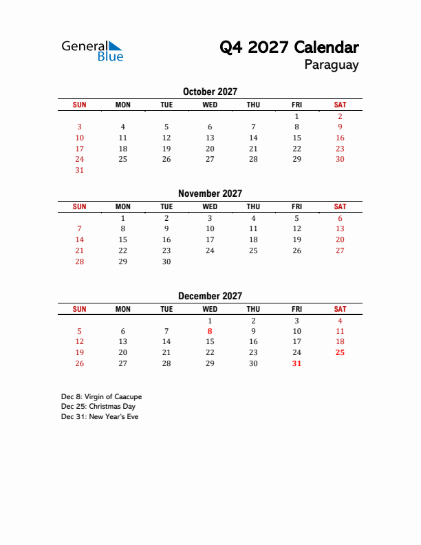 2027 Q4 Calendar with Holidays List for Paraguay