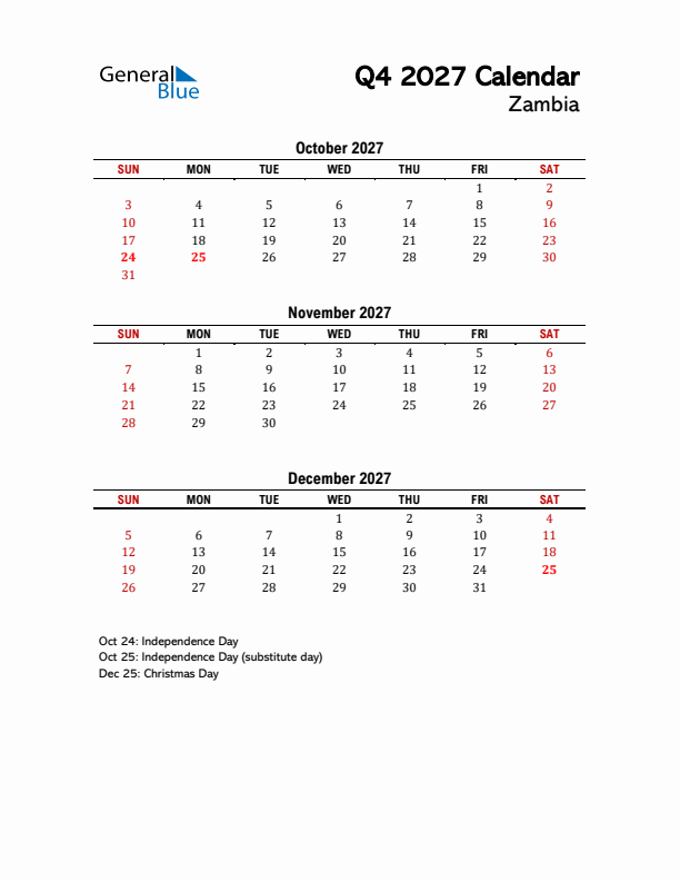 2027 Q4 Calendar with Holidays List for Zambia