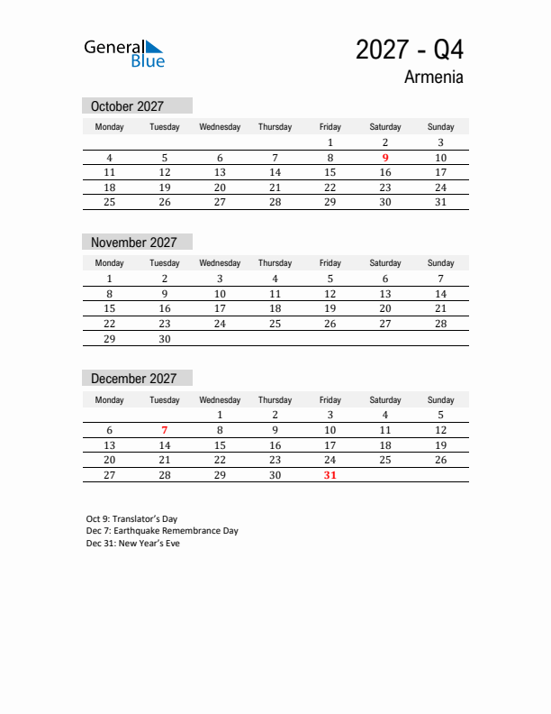 Armenia Quarter 4 2027 Calendar with Holidays