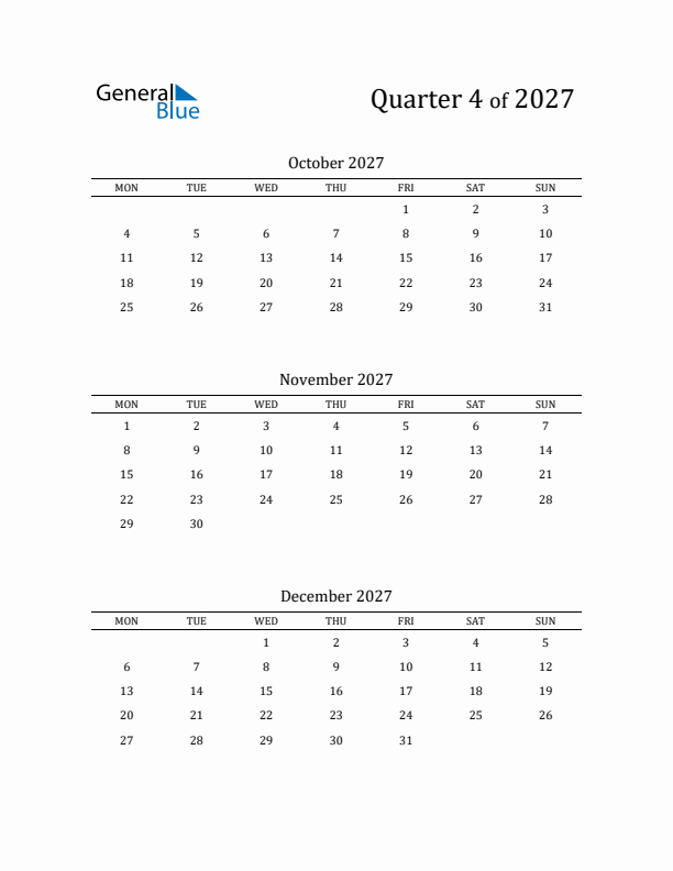 2027 Three-Month Calendar with Monday Start - Quarter 4