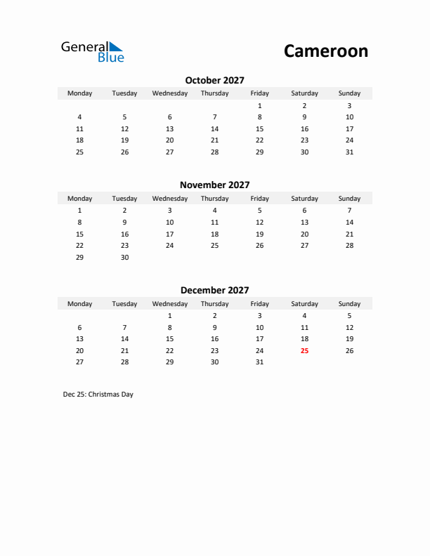 Printable Quarterly Calendar with Notes and Cameroon Holidays- Q4 of 2027