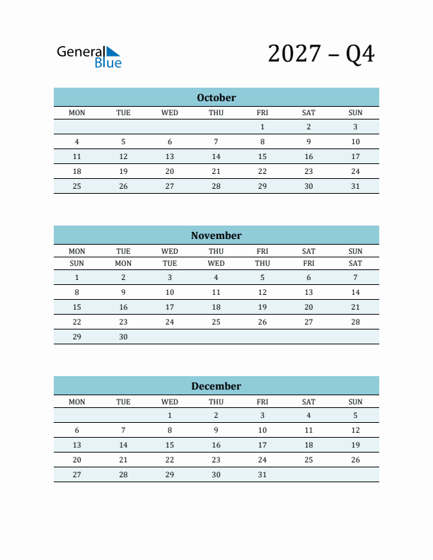 October, November, and December 2027 Calendar